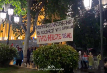 К протестам в Грузии присоединились жители Армении и Азербайджана. Они принесли на митинг плакат с надписью «Армяне и азербайджанцы солидарны с гражданами Грузии. Это влияет на нас всех!»